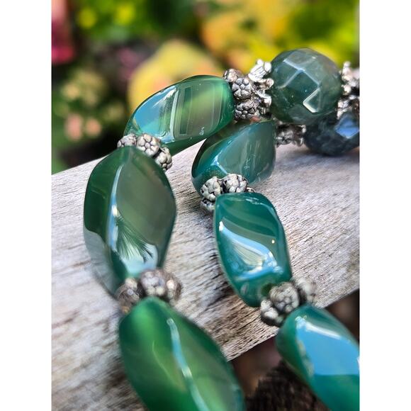 VTG Sterling Silver Aventurine Green Quartz Tribal Pendant Statement Necklace - Picture 9 of 10